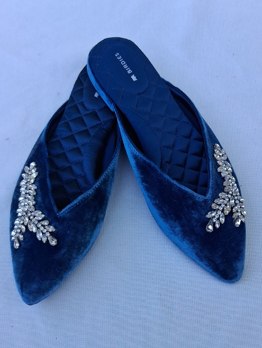 Birdies Deep Blue Velvet Crystal-Embellished Pointed Mules